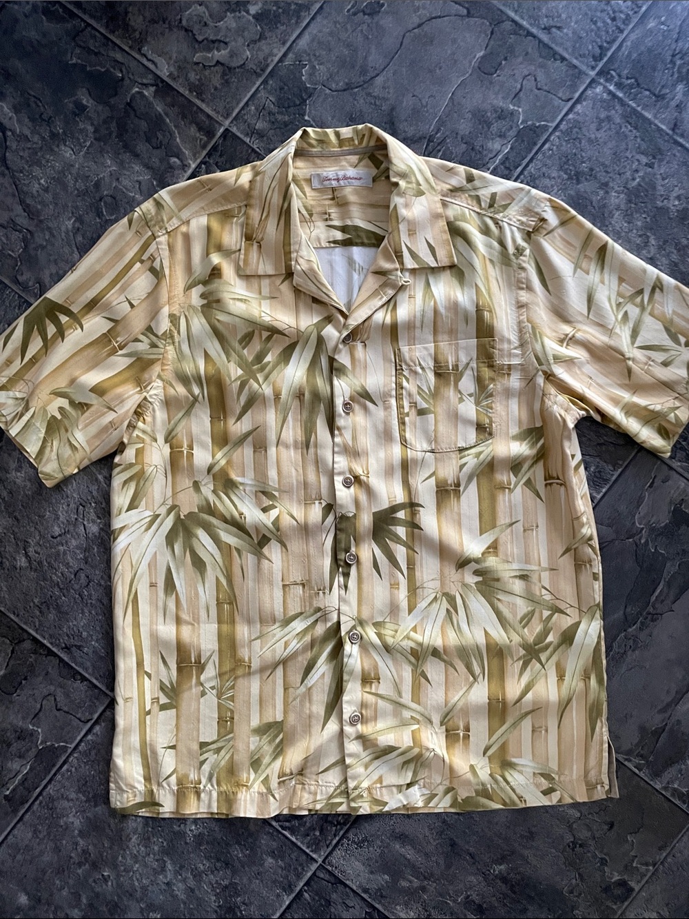 TOMMY BAHAMA Silk Bamboo Print Resortwear Coastal Classic Holiday Camp Shirt